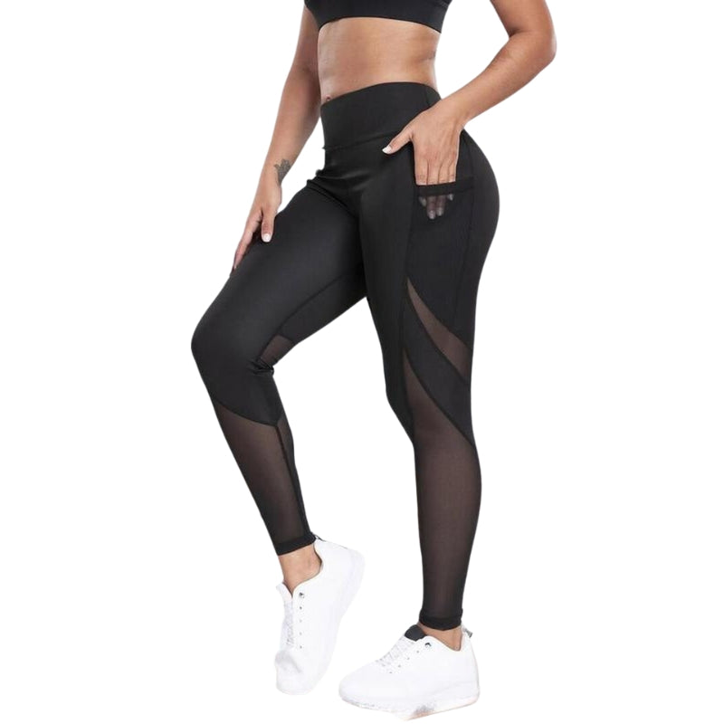 Solid Contrast Mesh Pocket Fitness Leggings